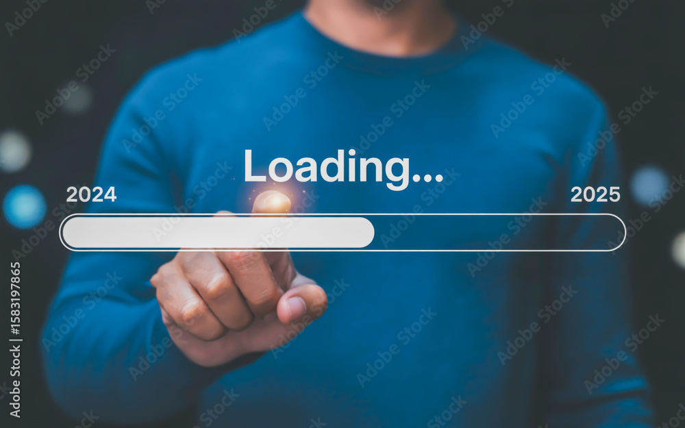 Poster man touching loading bar transition finger progress