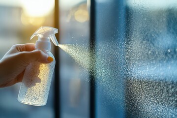 A close-up of a hand holding a spray bottle misting a large glass window, with streak-free shine and sunlight streaming through. Reflection of a clean room in the glass.
