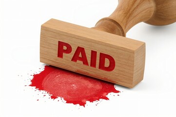 Wooden stamp with "PAID" imprint and red ink splat