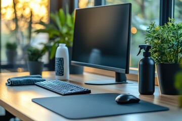 A modern office desk with a keyboard, mouse, and monitor, freshly cleaned and free of dust. A spray bottle and microfiber cloth are placed nearby. Bright and hygienic setting.