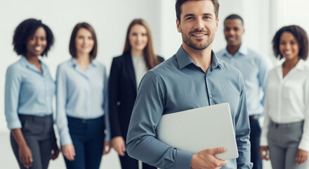 Smiling businessman holds laptop, team blurred background, showcasing success, teamwork, and business collaboration