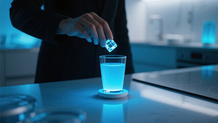 Functional drink ritual captured in sci-fi kitchen as glowing supplement cube dissolves in smart bottle under neon glow
