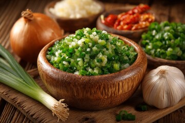 Fresh chopped green onions and garlic with other ingredients in rustic kitchen setting for meal preparation