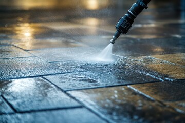 A high-pressure washer spraying water on outdoor tiles, removing dirt and grime. A visible contrast between the cleaned and uncleaned surfaces. Dynamic water movement.