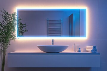 A large, spotless bathroom mirror reflecting a clean and tidy interior. Soft lighting with no visible streaks or smudges.