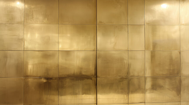 Golden metallic wall panel with soft discoloration and oxidized brass texture creating elegant and warm atmosphere in interior space
