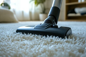 A sleek, modern vacuum cleaner gliding over a thick, white carpet. Visible dust being sucked in for an effective cleaning look. Bright and cozy ambiance.
