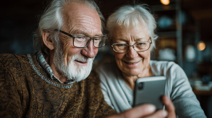 Elderly man teaches friend how to use smartphone. Senior friends look happy, learning new technology and sharing knowledge