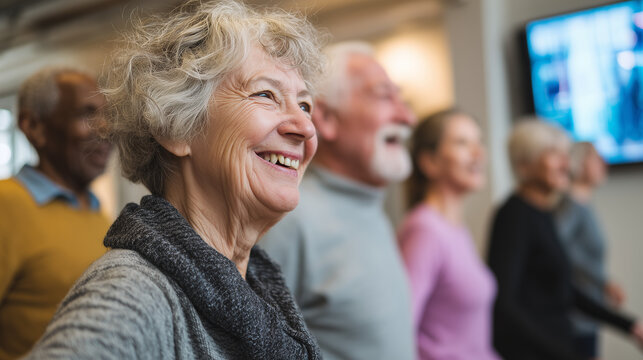 Diverse group of senior people enjoying fitness class, they are cheerful and happy to be active and social together in their golden years