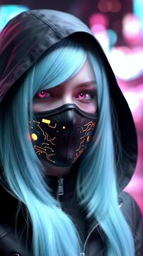 Anime Style Young Woman with Blue Hair Pink Eyes and Futuristic Mask in Glowing Neon City Setting