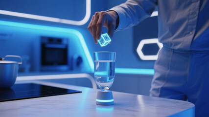 Biohacker dropping glowing microdrink cube into a sleek high-tech glass in futuristic kitchen with neon light and smart materials