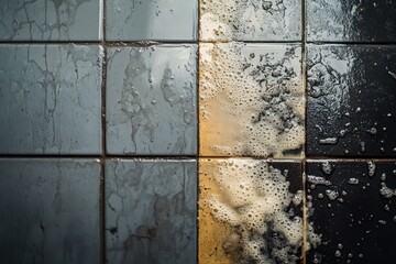 A split-screen view of a surface before and after cleaning, showing a dramatic transformation from dirty to sparkling clean. Strong contrast and impact.