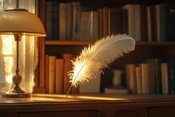 A feather duster gently sweeping over a dusty wooden bookshelf, leaving a clean trail behind. Warm and cozy lighting.