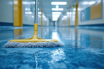A wet mop cleaning a hospital hallway floor, ensuring sanitation and safety. Soft reflections and clinical, sterile environment.