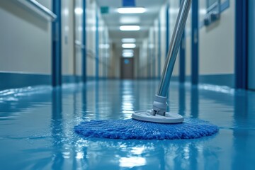 A wet mop cleaning a hospital hallway floor, ensuring sanitation and safety. Soft reflections and clinical, sterile environment.