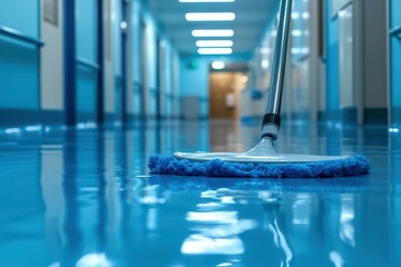 A wet mop cleaning a hospital hallway floor, ensuring sanitation and safety. Soft reflections and clinical, sterile environment.