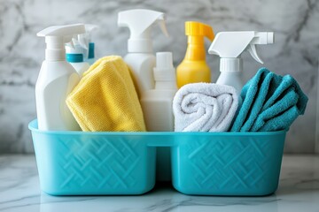 A plastic caddy with essential cleaning tools sprays, cloths, gloves, and scrubbers placed on a marble countertop. Well-organized and visually appealing.