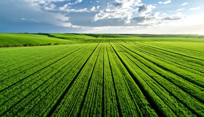 Aerial view of a vibrant green field
