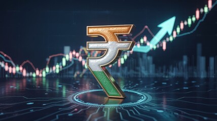 Indian Rupee symbol with stock market chart, Economic Growth, Fintech Advancements and Financial Innovation