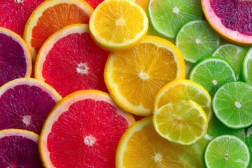 Fototapeta premium Colorful citrus fruit slices arranged in a vibrant pattern on a surface
