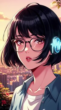 Anime Style Young Woman with Headphones City Sunset Manga Inspired Art