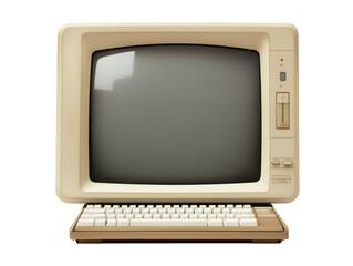 Vintage computer with monitor and keyboard showcasing retro technology design, isolated on transparent background
