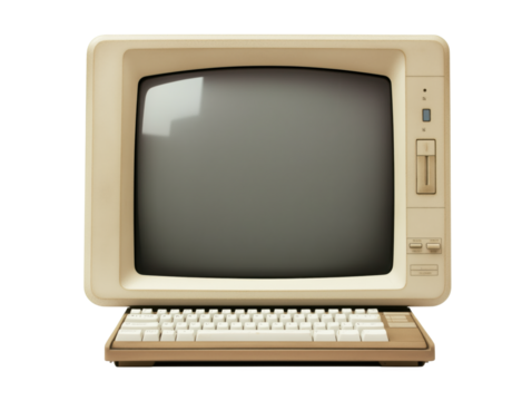 Vintage computer with monitor and keyboard showcasing retro technology design, isolated on transparent background