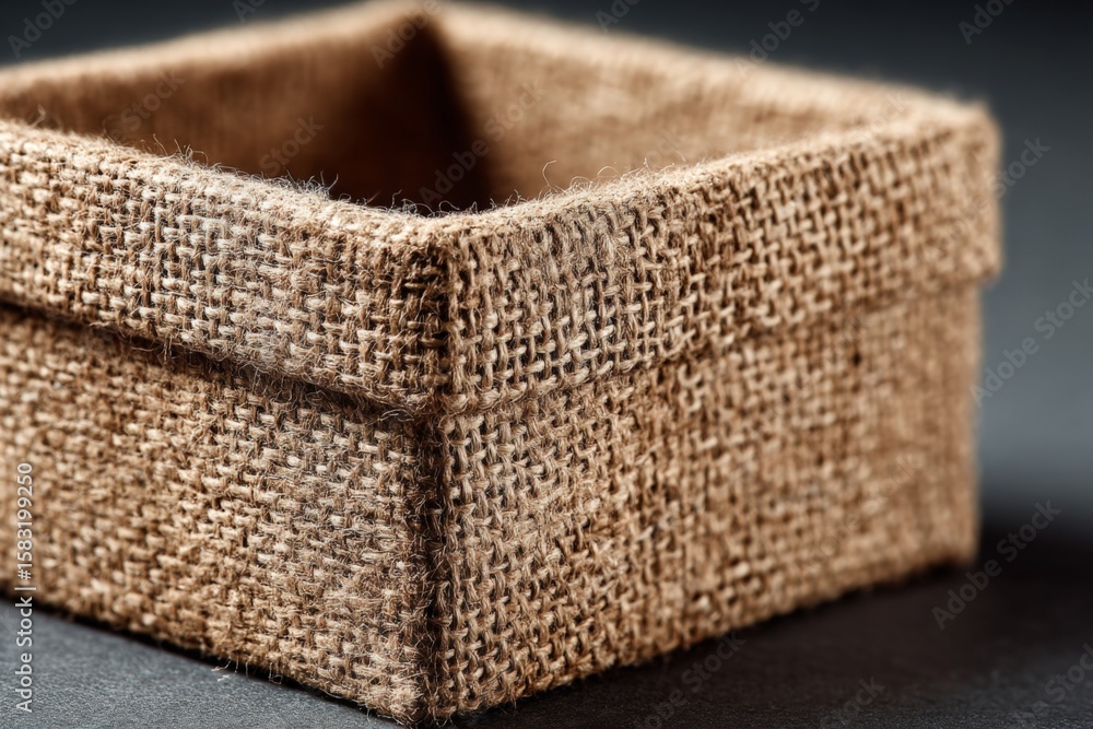 Poster natural burlap storage box placed on a dark surface with soft lighting highlighting its texture and 