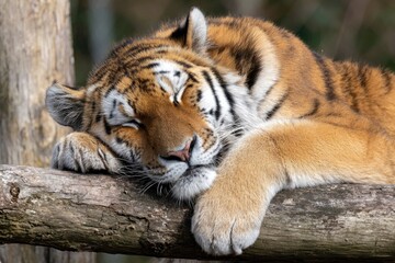 Obraz premium A tiger peacefully sleeps atop a log with its paws resting gently blending into the natural tranquil backdrop