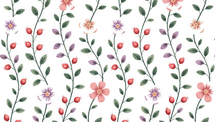 Seamless floral pattern with decorative spring flowers, leaves, and branches, perfect for nature-inspired design and wallpaper