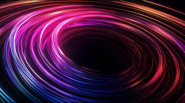 Vibrant Swirl of Colorful Light Rings and Trails Creates Mesmerizing Vortex Effect Against Dark Background, Evoking Dynamic Motion and Energy with Hues of Pink, Purple, Orange, and Blue