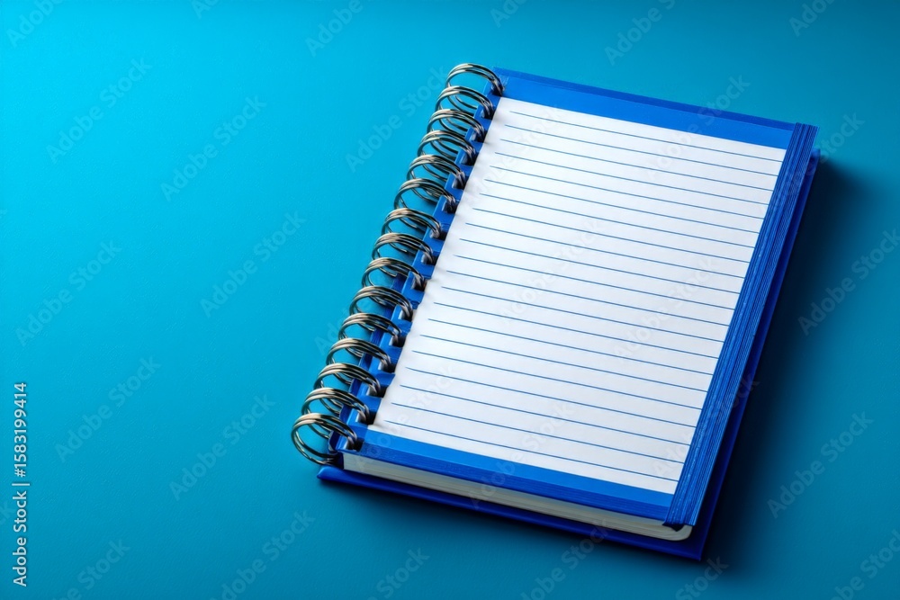 Poster blank spiral notebook resting on a blue surface ready for notes or sketches