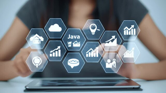 Woman Interacting With Digital Tablet Displaying Java Icons in a Modern Office Setting Gray Top White Desk Futuristic Technology