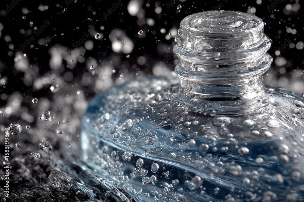Poster close-up view of water bottle with splashing droplets in a dark background