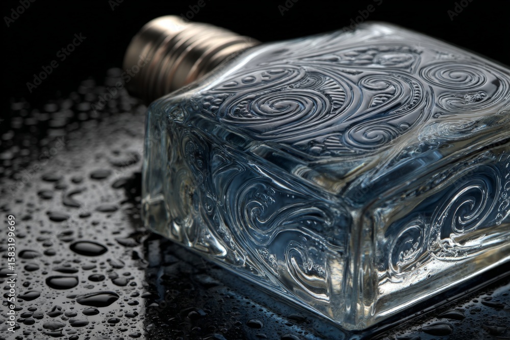 Poster elegant glass bottle with intricate design placed on a wet surface capturing reflections in a dimly 