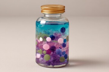 Colorful sensory bottle filled with vibrant beads and liquid resting on a neutral surface