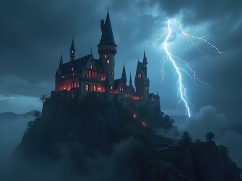 Gothic Castle on a Cliff Under Lightning Storm
