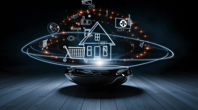 A glowing house symbol levitating above a table with other business-related icons orbiting around it
