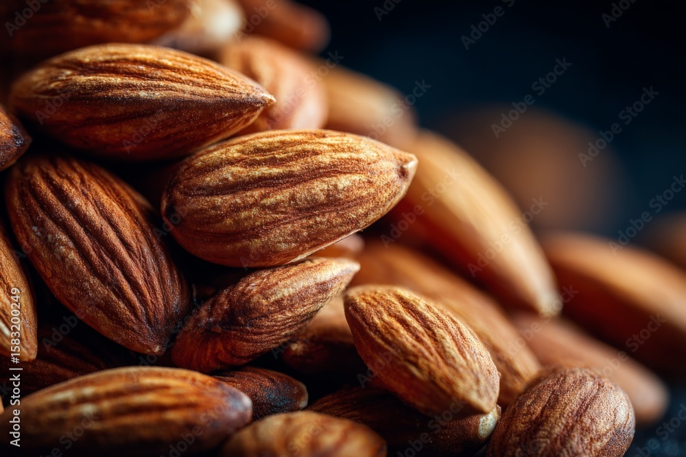 Poster close-up view of roasted almonds arranged in a rich, dark setting showcasing their texture and color