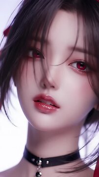 Anime Style Young Woman with Red Eyes and Dark Hair in Pale Skin Featuring Glossy Manga Aesthetic Perfect for Digital Art and Manga Decoration