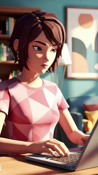 Anime Style Young Woman Works on Laptop At Desk in Sunlit Teal Room with Geometric Pink Shirt
