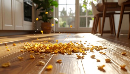 Cereal spill on wooden floor in sunny kitchen