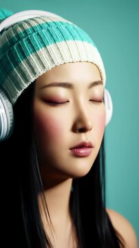 Anime Styled Woman with Teal Knit Hat and Headphones in Vertical Portrait
