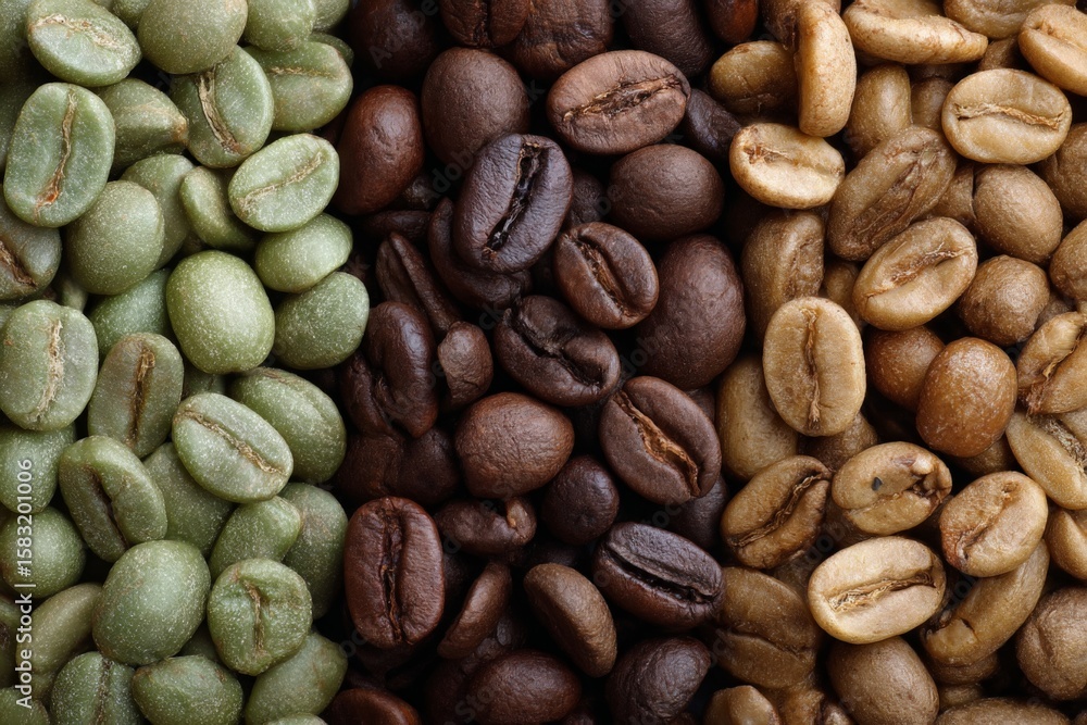 Poster different varieties of coffee beans displayed in a close-up view with distinct colors and textures