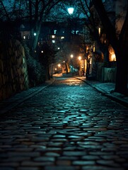 Fototapeta premium The ancient stone road under dim streetlights