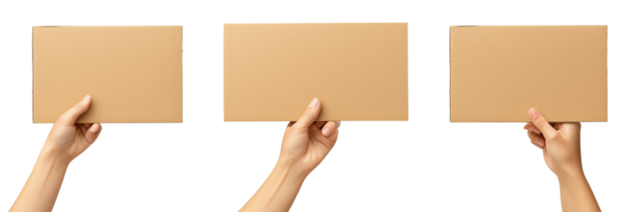 Hands holding blank cardboard boxes for packaging or presentation purposes, isolated on transparent background