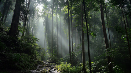 Obraz premium Sunbeams Through Dense Forest Canopy