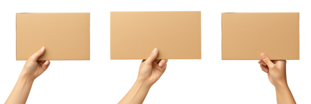 Hands holding blank cardboard boxes for packaging or presentation purposes, isolated on transparent background