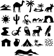 Collection of black silhouette icons representing desert life including camels cacti scorpions palm trees mountains and wildlife like foxes and owls