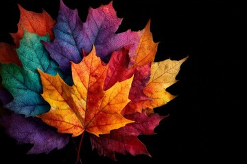 Vivid autumn leaves display colorful hues highlighting the essence of fall in a dark background setting
